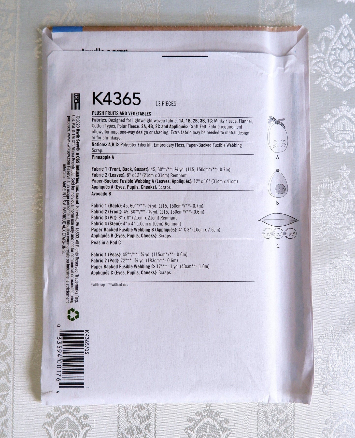 Kwik Sew K4365, plush pattern of fruits and vegetables