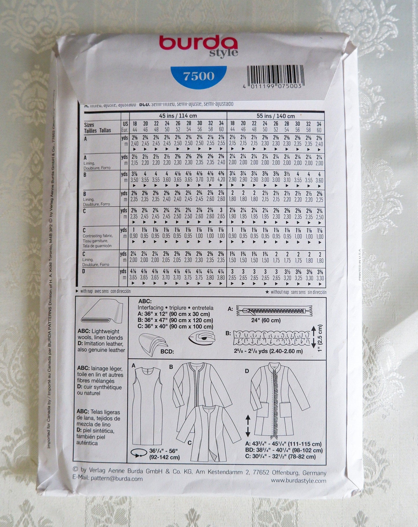 Burda 7500 dress and coat pattern, Sizes 18 to 34