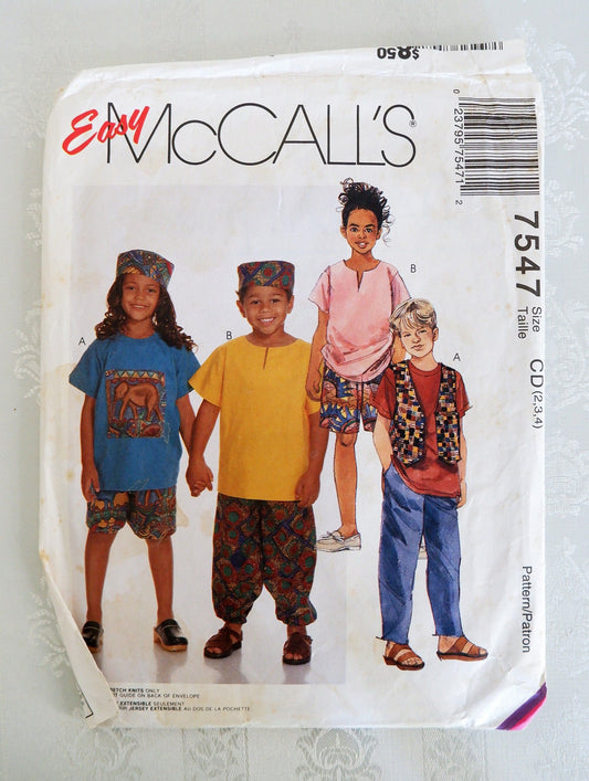 McCall's 7547, childrens vest t-shirt top pants shorts and hat pattern, sizes 2 - 4