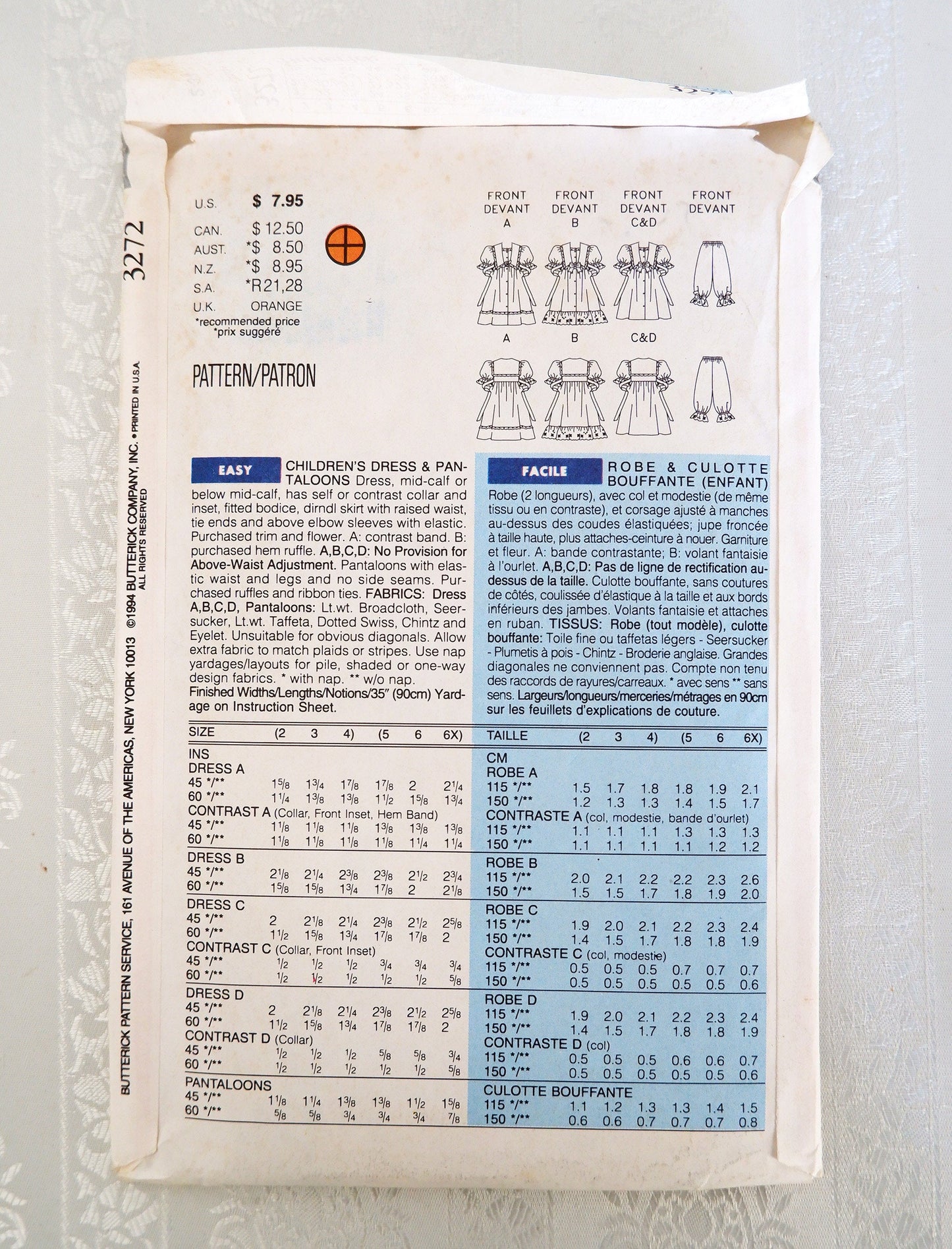 Butterick 3272, girls dress and pantaloons pattern, sizes 2 - 4