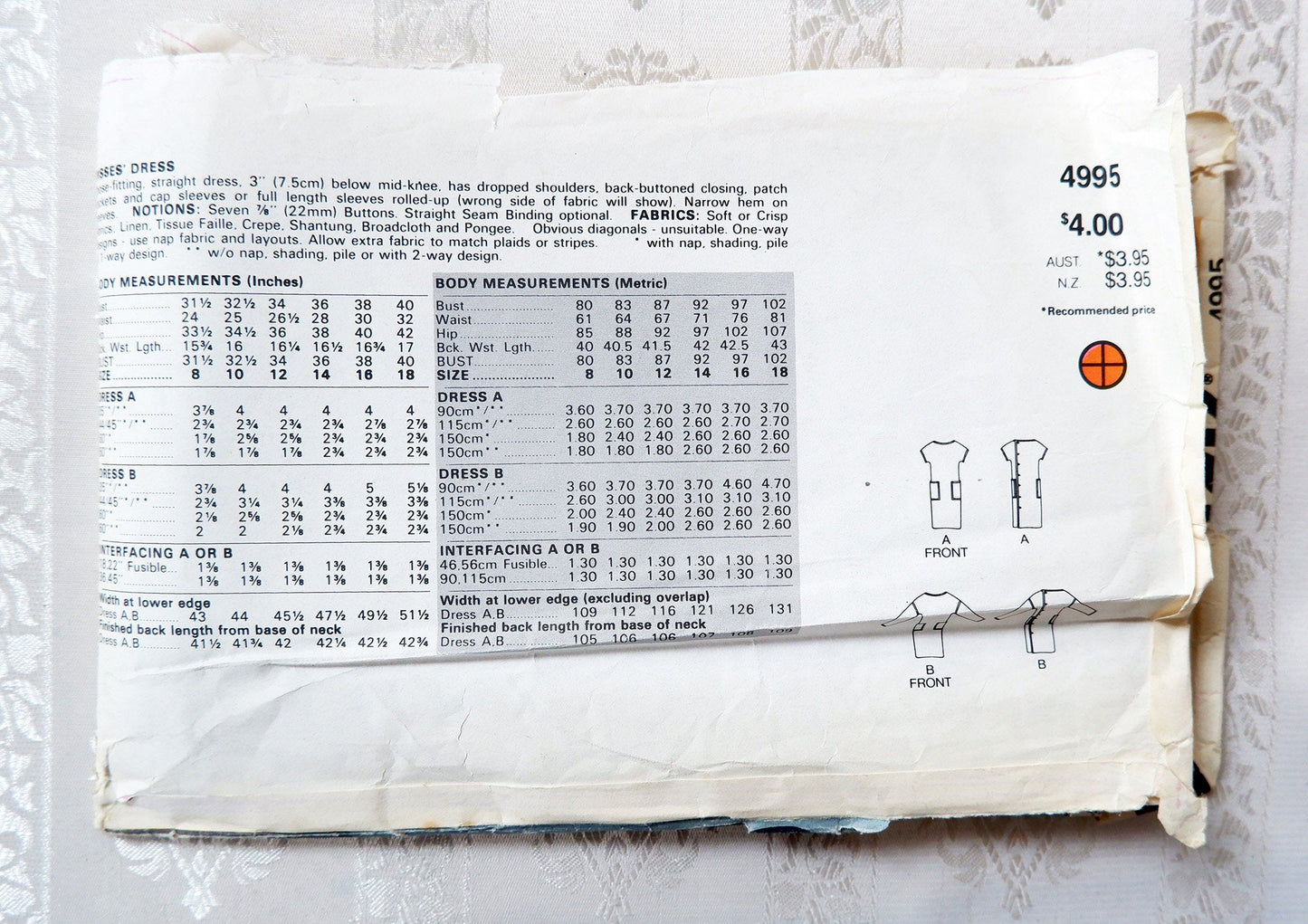Butterick 4995, dress pattern, Sizes 8 - 12