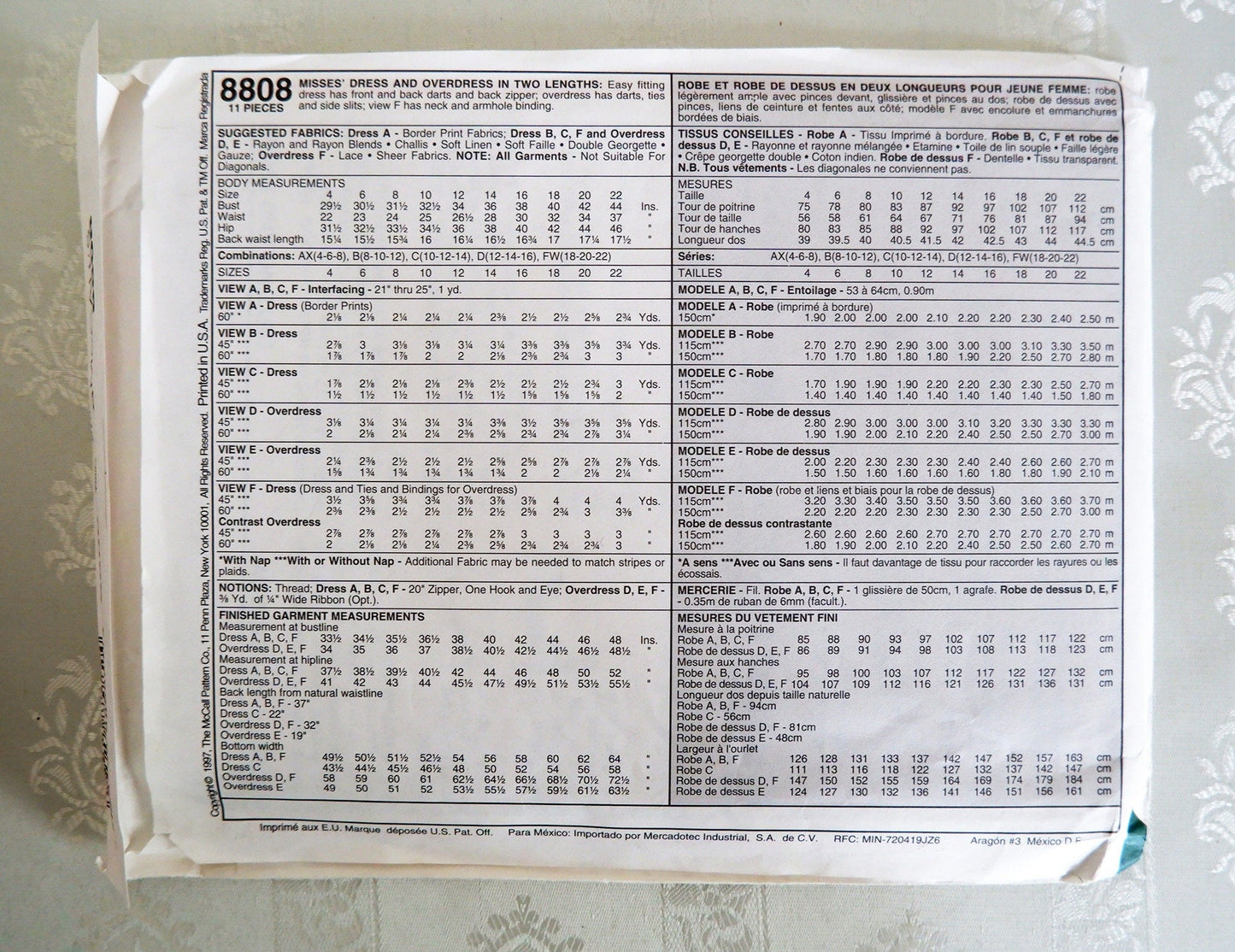 McCall's 8808, dress and overdress pattern, sizes 8 - 12