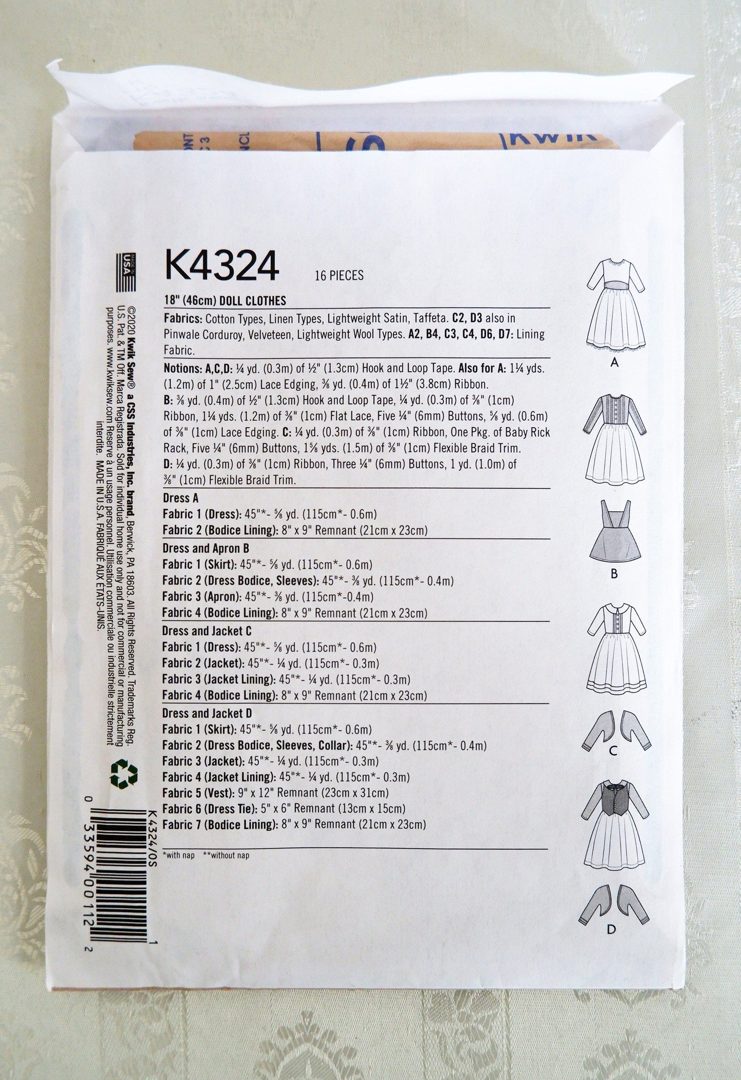 Kwik Sew K4324, doll clothes pattern for 18 inch / 46cm dolls