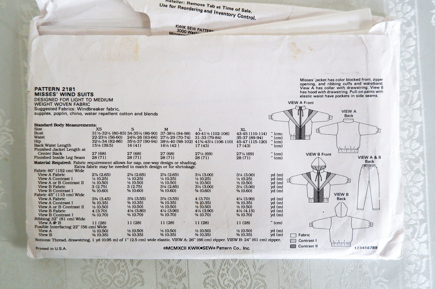 Kwik Sew 2181, wind suit pattern, jacket and pants pattern, Sizes XS - XL