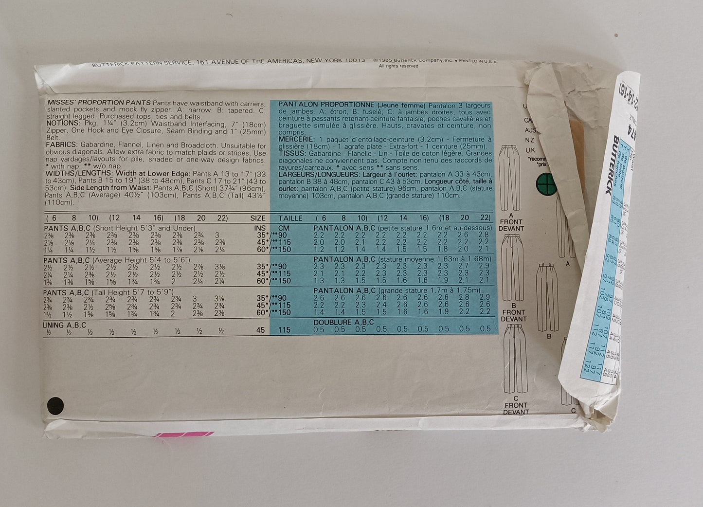 Butterick 3474, Misses' proportion pants pattern, Sizes 12 - 16