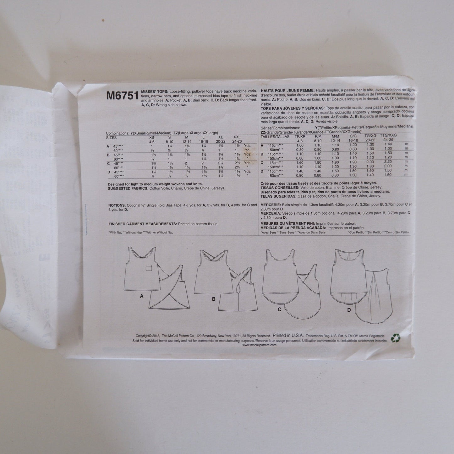 McCall's M6751, Misses tops pattern,Sizes L - XXL