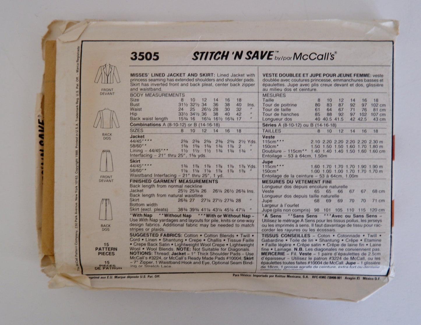 McCall's 3505, lined jacket and skirt pattern, sizes 14 - 18