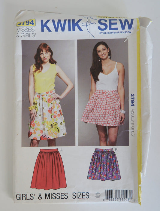 Kwik Sew 3794 Misses and girls skirts pattern. Waist sizes 22 inches to 36 inches.