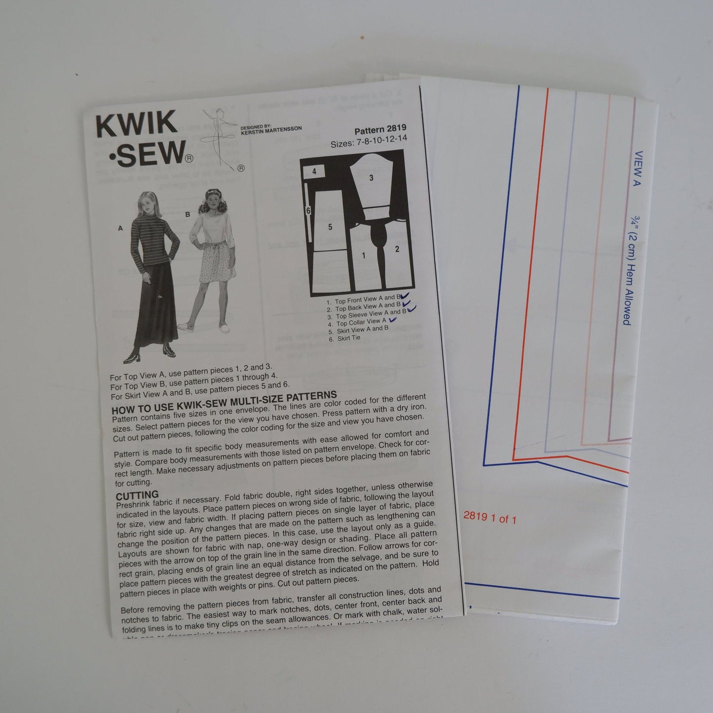 Kwik Sew 2819 Girls tops and skirts pattern Sizes 7 - 14
