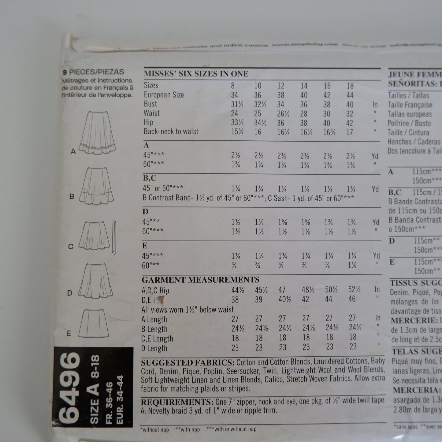 New Look 6496, skirts pattern, Sizes 16 - 20