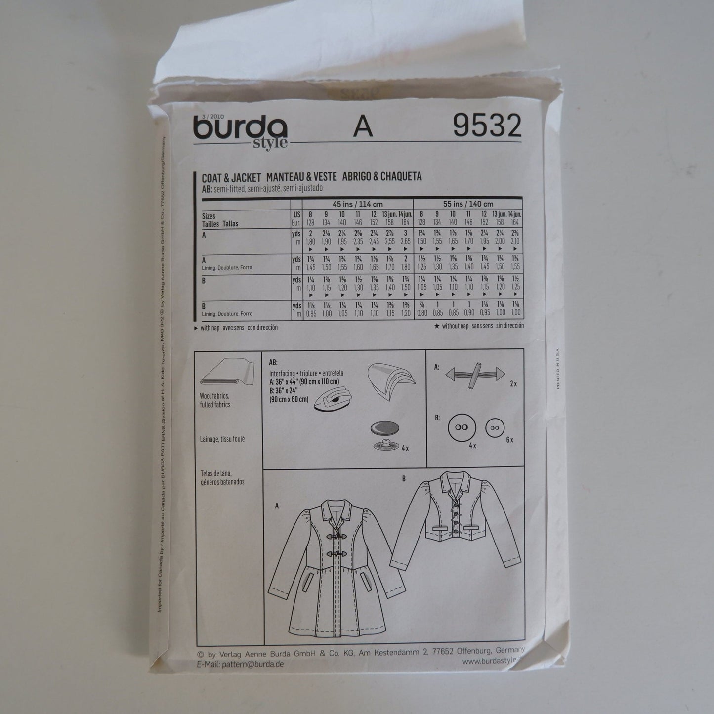 Burda Kids 9532, coat and jacket pattern, Size Girls 8 to 14