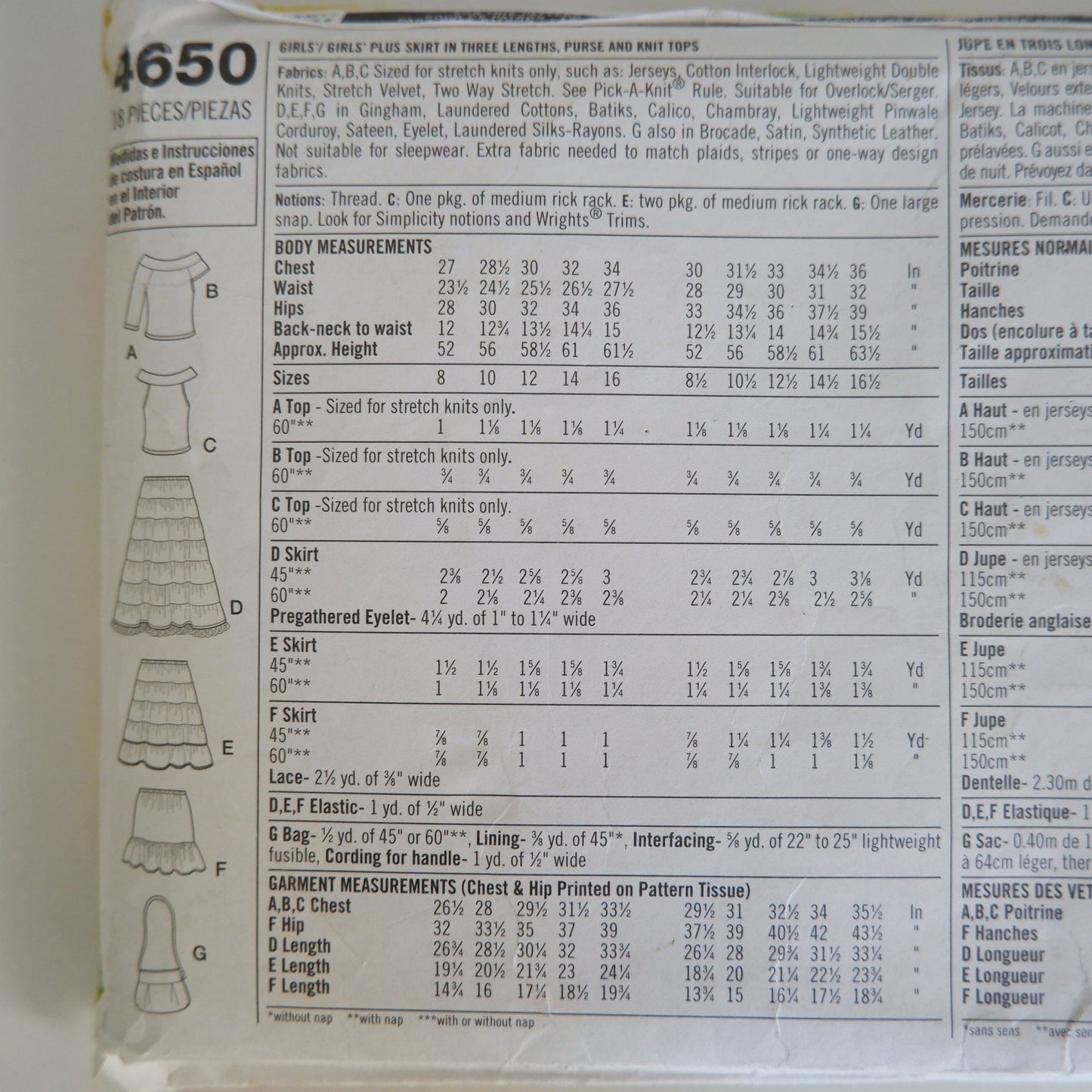 Simplicity 4650, girls skirt purse and knit tops pattern. Sizes 8 - 16