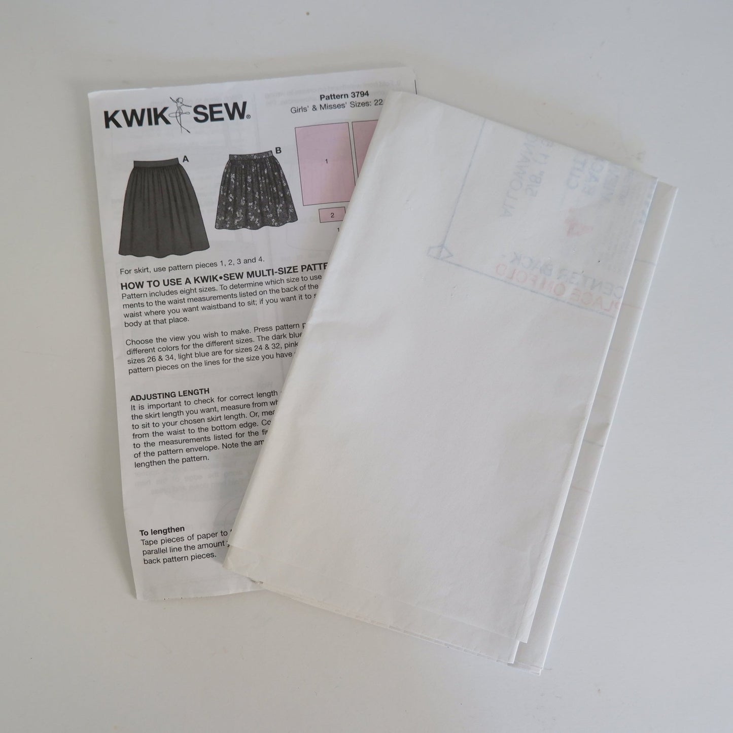 Kwik Sew 3794 Misses and girls skirts pattern. Waist sizes 22 inches to 36 inches.