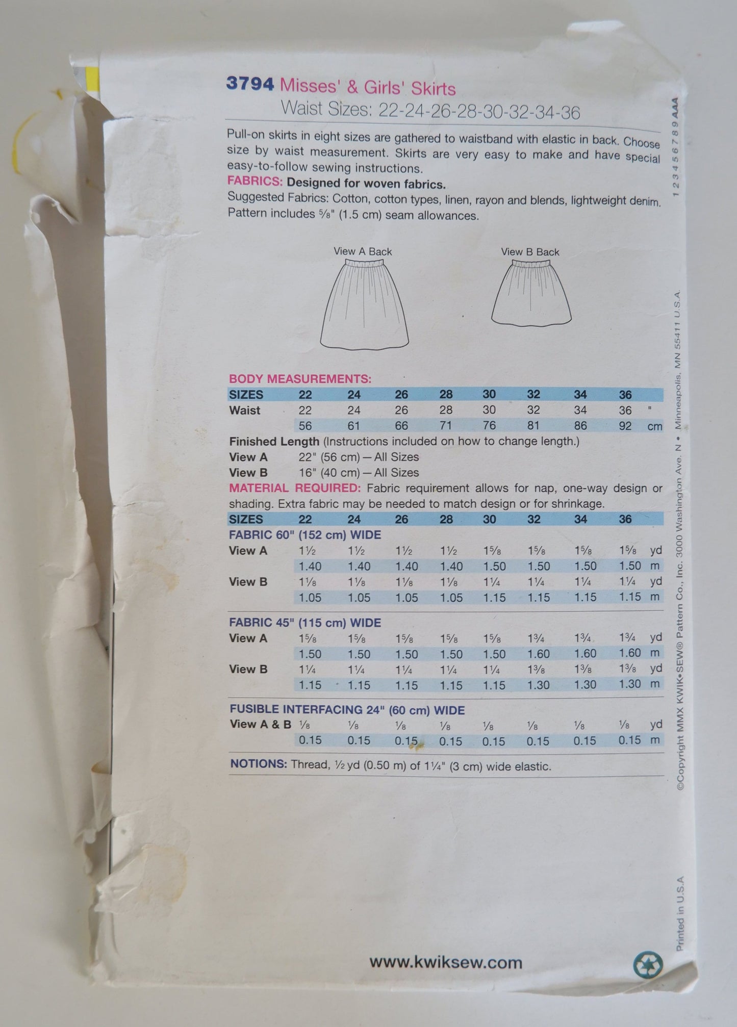 Kwik Sew 3794 Misses and girls skirts pattern. Waist sizes 22 inches to 36 inches.