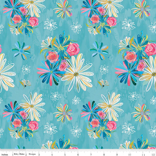 Cotton Fabric - Kindness Always - Flowers on Teal - EttaVee - Riley Blake