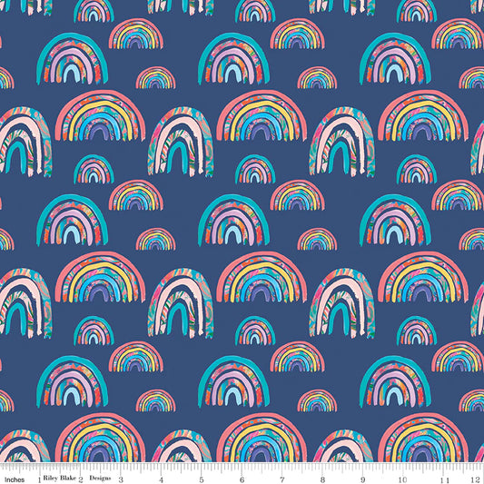 Cotton Fabric - Kindness Always - Rainbows on Navy - EttaVee - Riley Blake