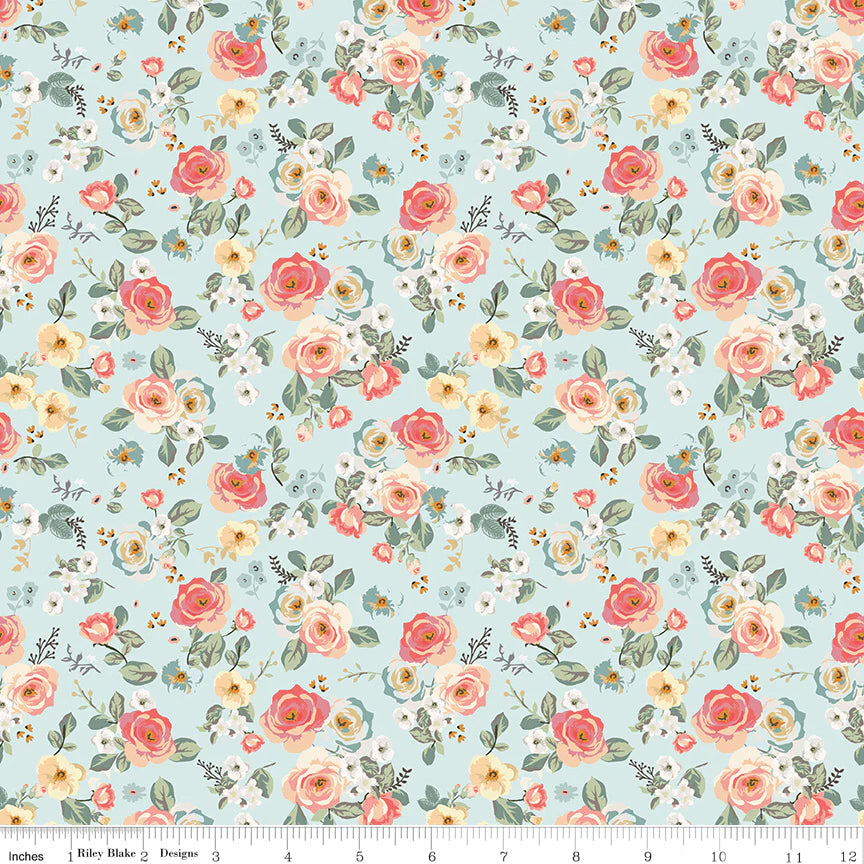 Cotton Fabric - Gingham Gardens Floral Aqua - Riley Blake