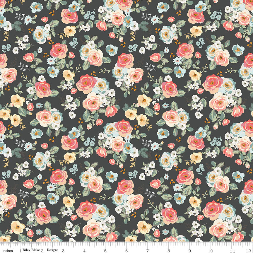Cotton Fabric - Gingham Gardens Floral Charcoal - Riley Blake