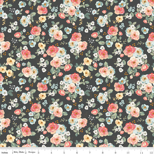 Cotton Fabric - Gingham Gardens Floral Charcoal - Riley Blake