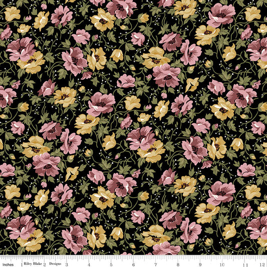 Cotton Fabric - Midnight Garden Flowers on Black - Gerri Robinson - Riley Blake