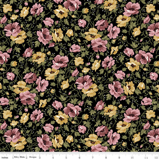 Fat Quarter - Midnight Garden Flowers on Black - Gerri Robinson - Riley Blake - Cotton Fabric