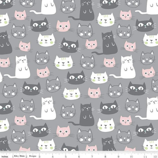 Cotton Fabric - Purrfect Day Cats on Grey - My Mind's Eye - Riley Blake