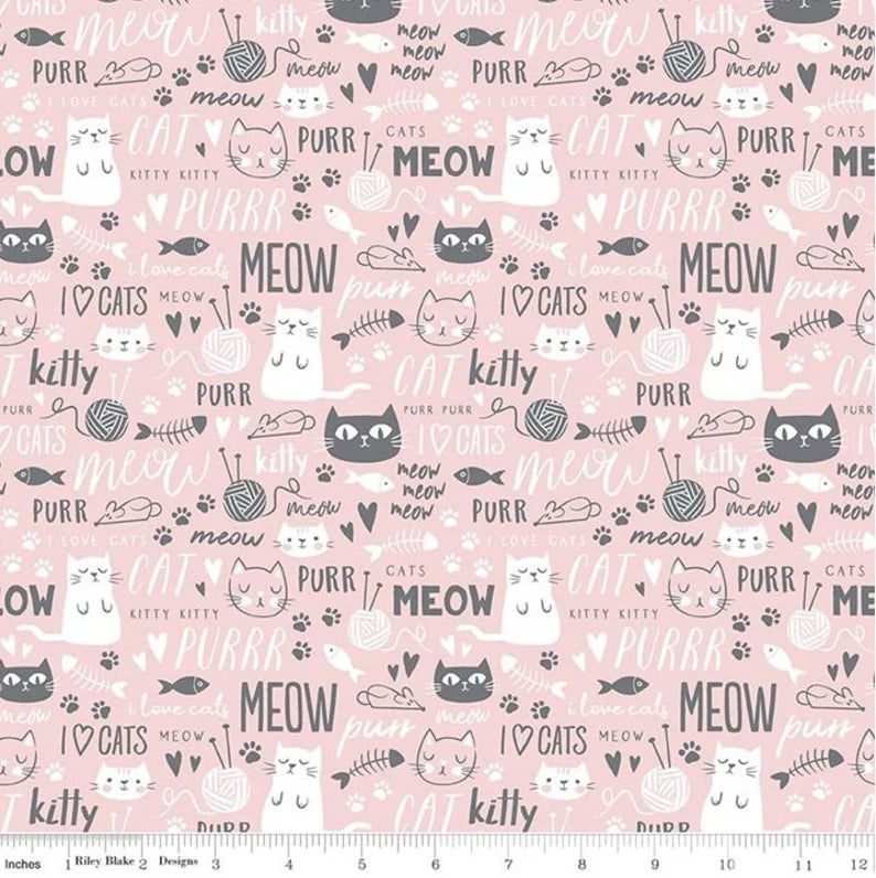 Cotton Fabric - Purrfect Day Pink with Text - My Mind's Eye - Riley Blake