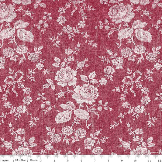 Cotton Fabric - Rustic Romance Rose on Dark Red - Gerri Robinson - Penny Rose Fabrics