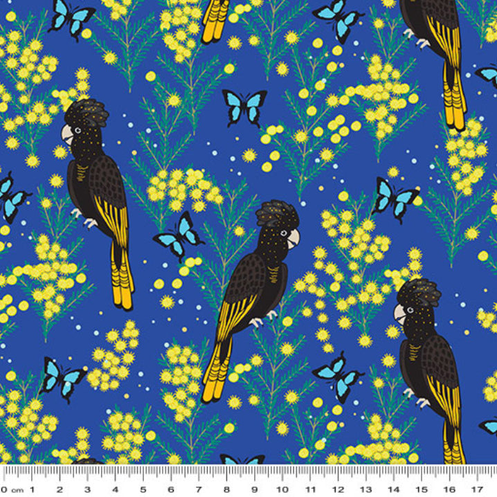 Cotton Fabric - Outback Beauty - Yellow Tailed Black Cockatoo on Blue