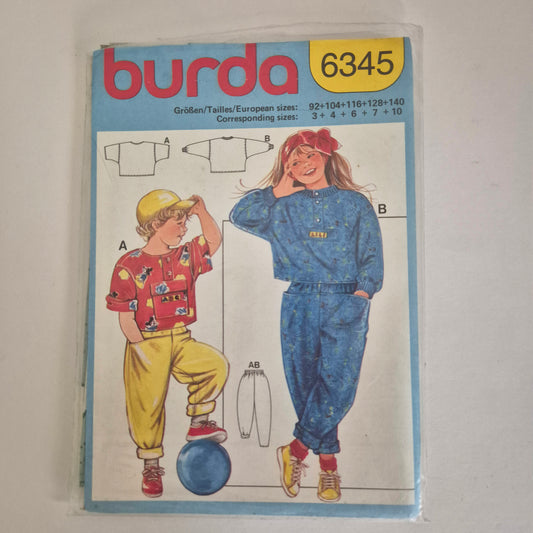 Burda 6345, boys and girls top and pants pattern, Sizes 3 to 10