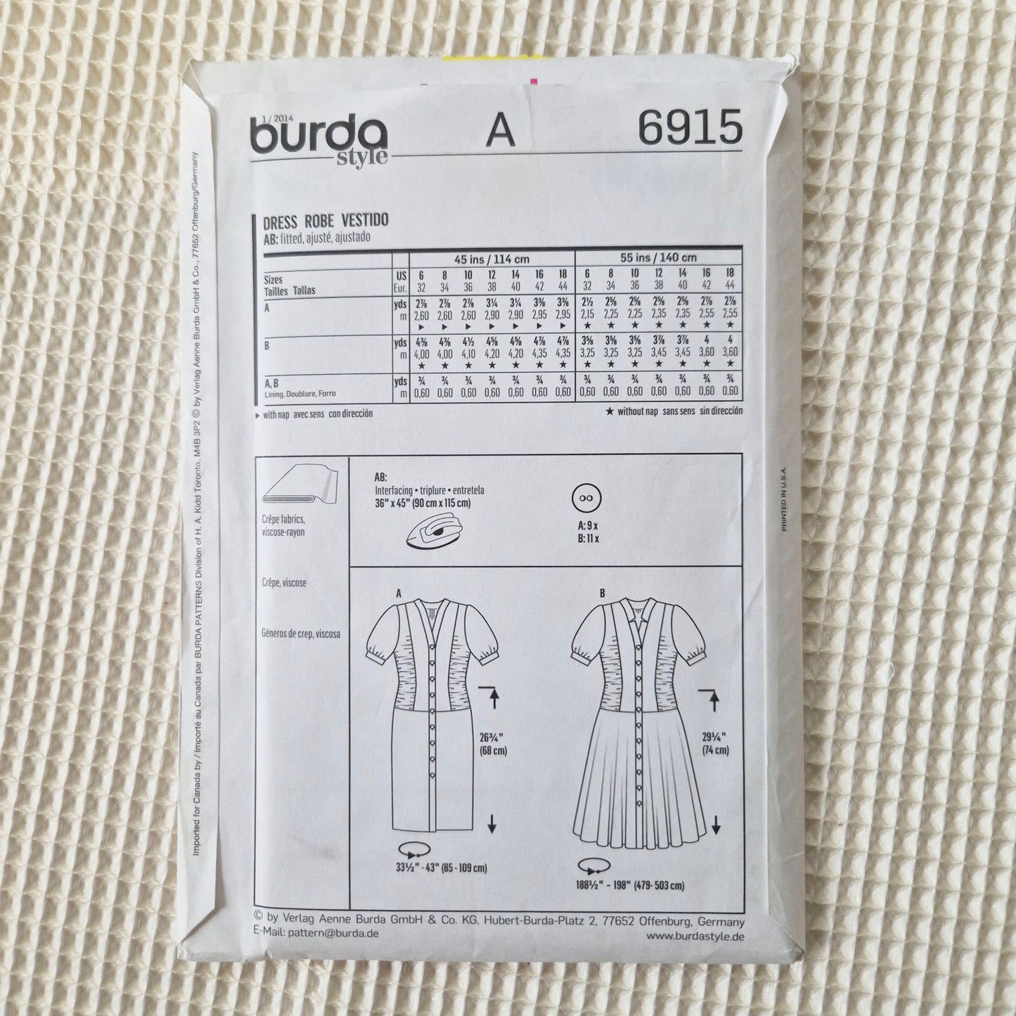 Burda 6915, dress pattern, Size 6 - 18