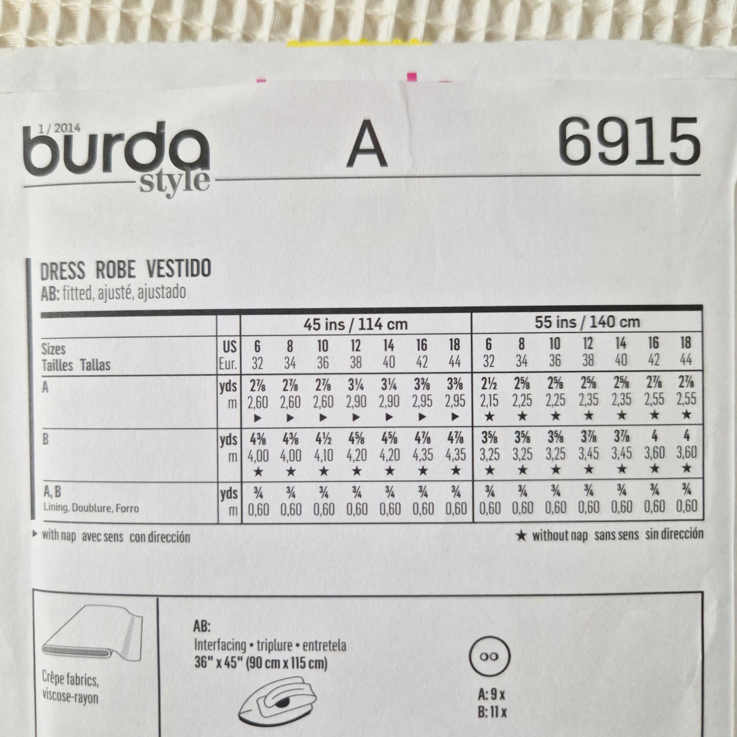 Burda 6915, dress pattern, Size 6 - 18