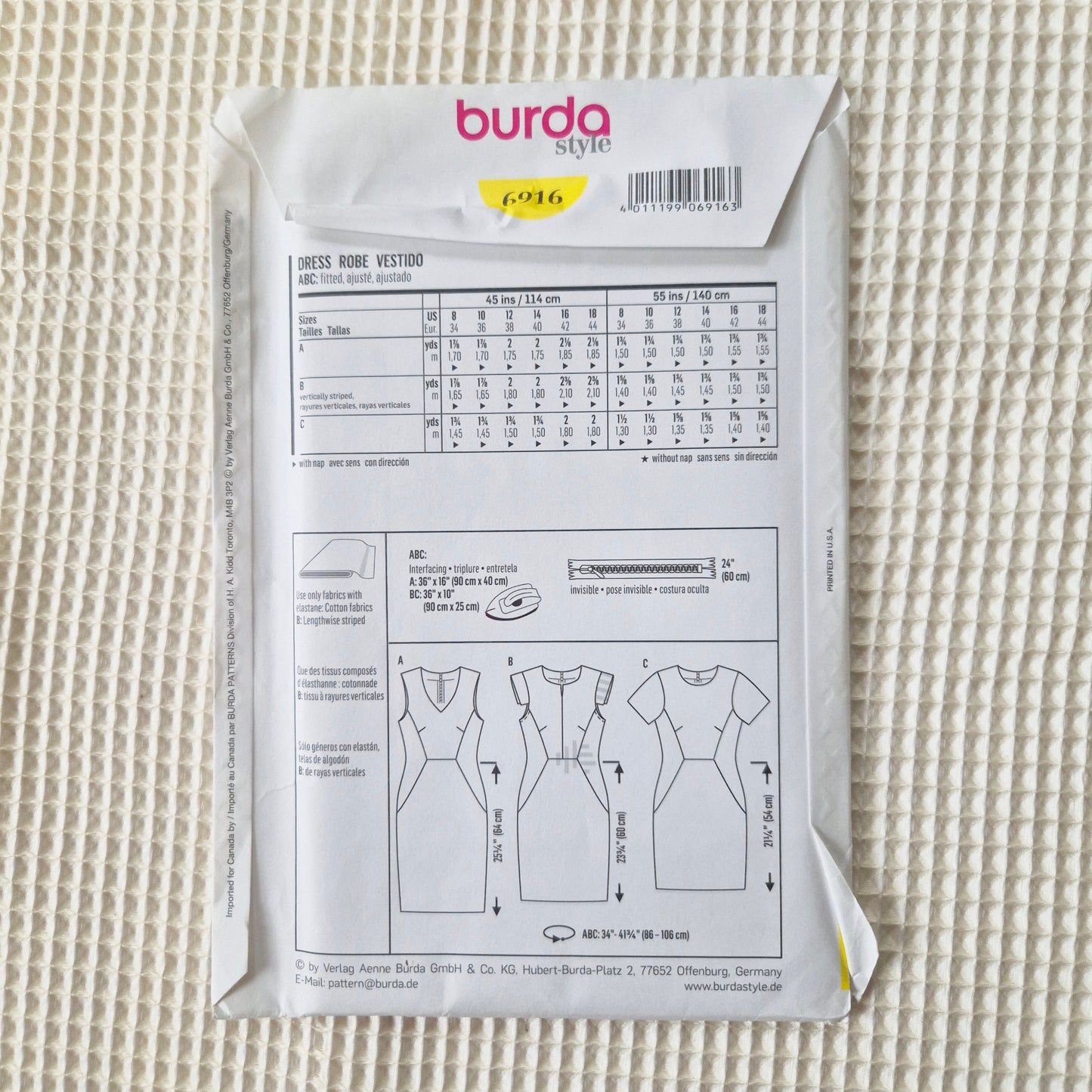 Burda 6916, dress pattern, Size 8 - 18