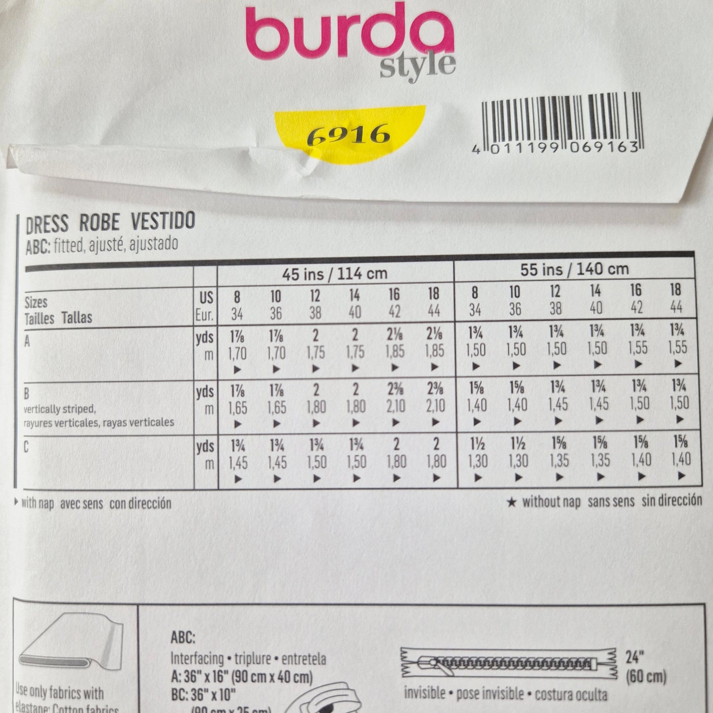 Burda 6916, dress pattern, Size 8 - 18