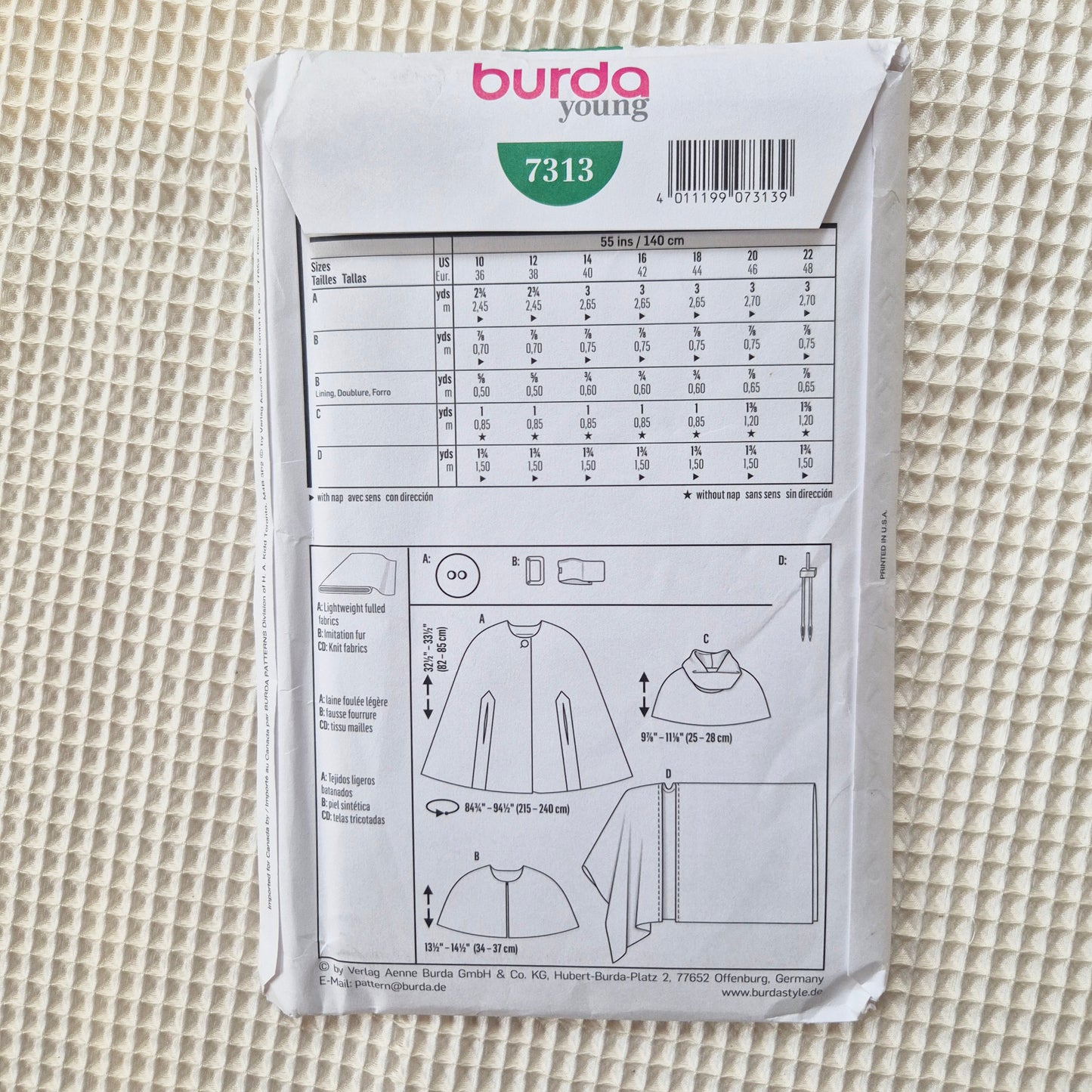 Burda Young 7313, cape pattern, Size 10 to 22