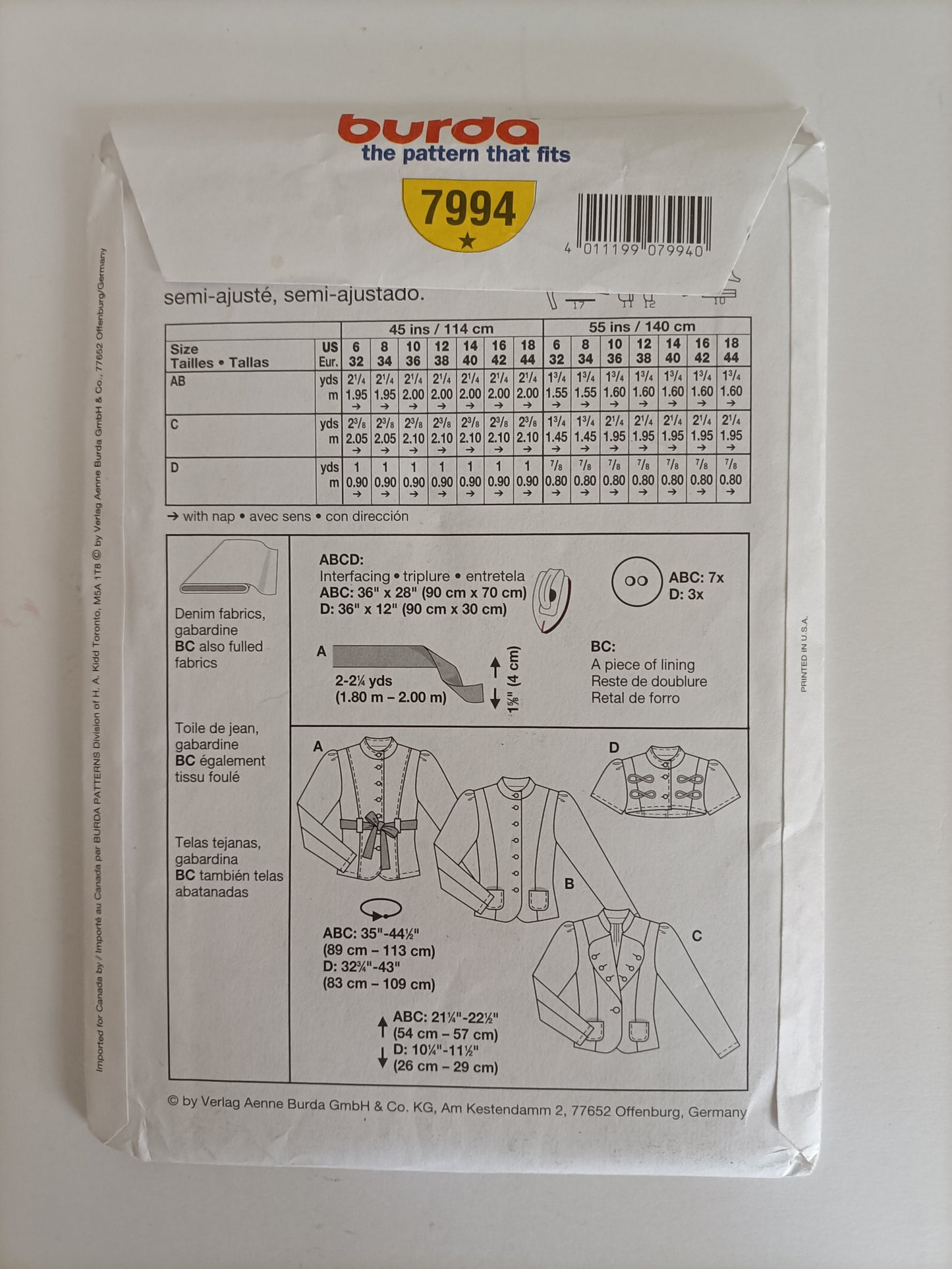 Burda Young 7994, Jacket pattern, Sizes 6 - 18