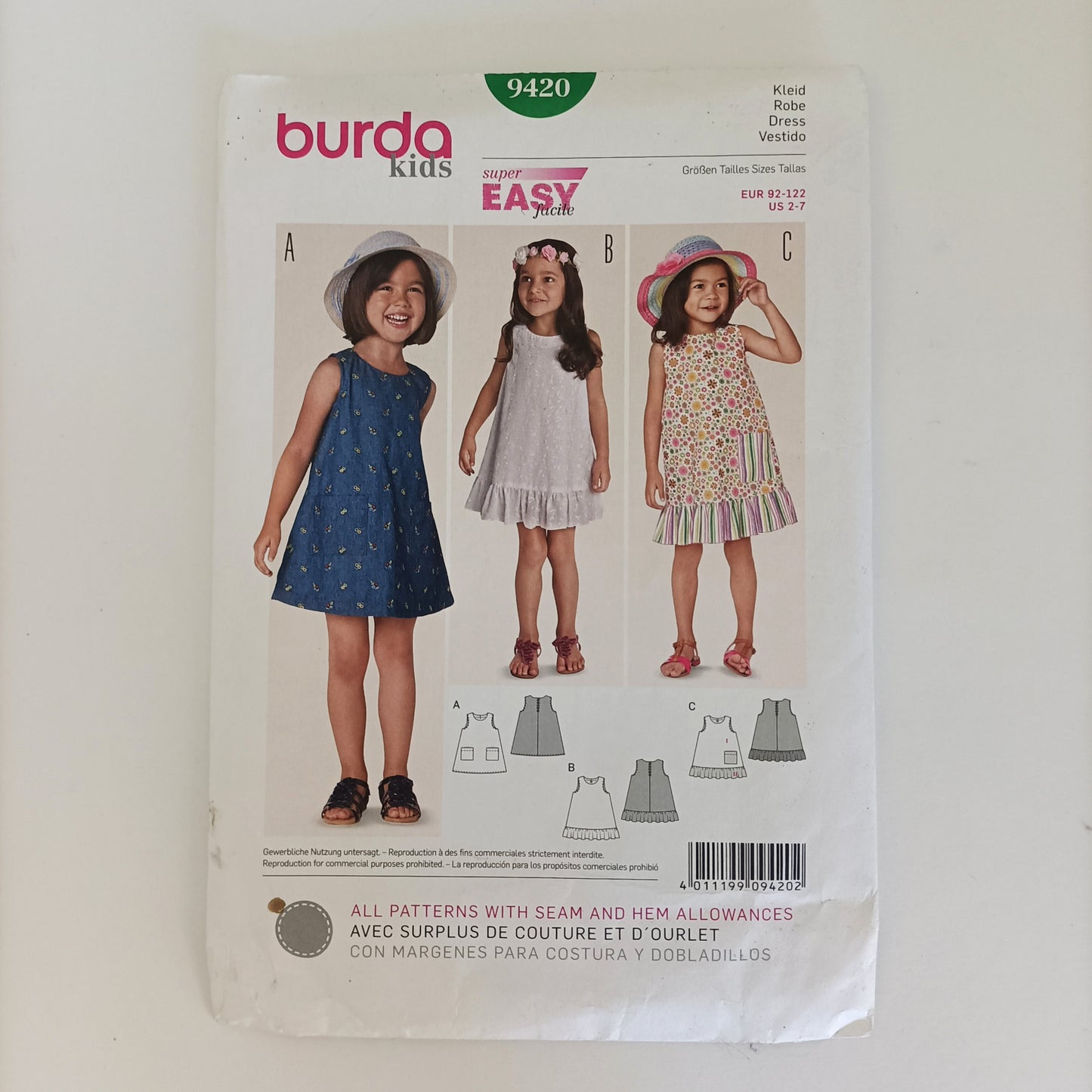 Burda Kids 9420, child's dress pattern, Sizes 2 - 7