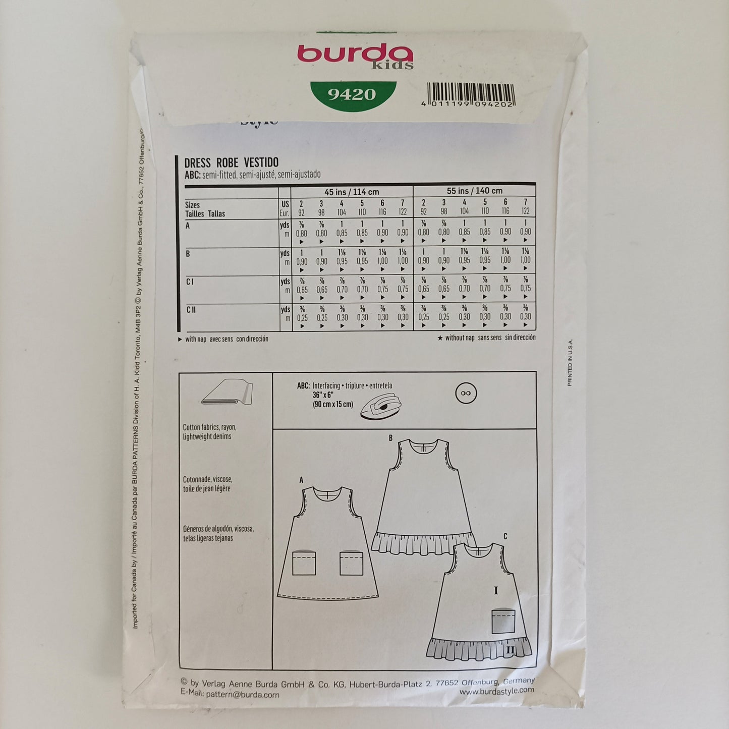 Burda Kids 9420, child's dress pattern, Sizes 2 - 7