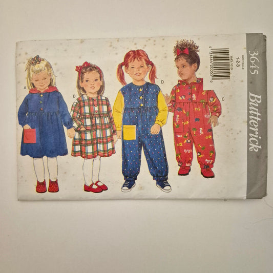 Butterick 3645, Children's dress and jumpsuit pattern, Sizes 1 - 3