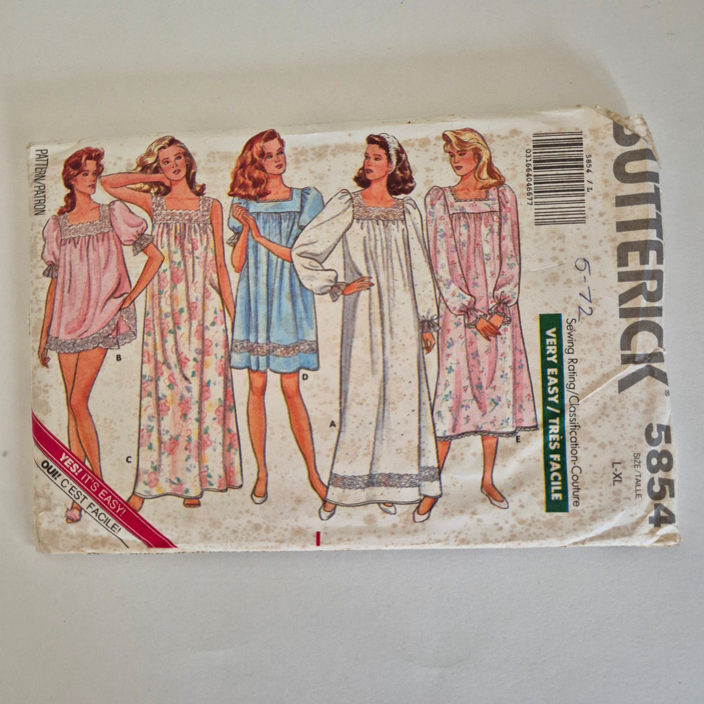 Butterick 5854, Misses' nightgown and shorts, Sizes L - XL / 16 - 22