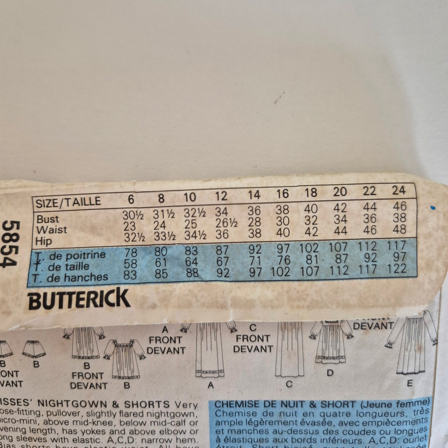 Butterick 5854, Misses' nightgown and shorts, Sizes L - XL / 16 - 22