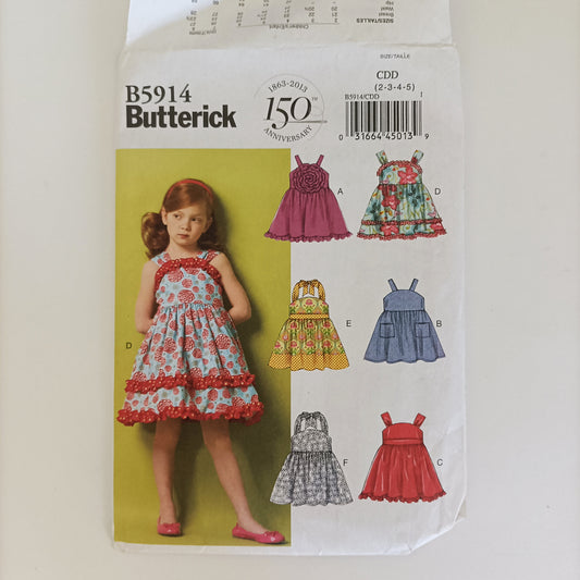 Butterick B5914, children's dress and belt pattern. Sizes 2 to 5