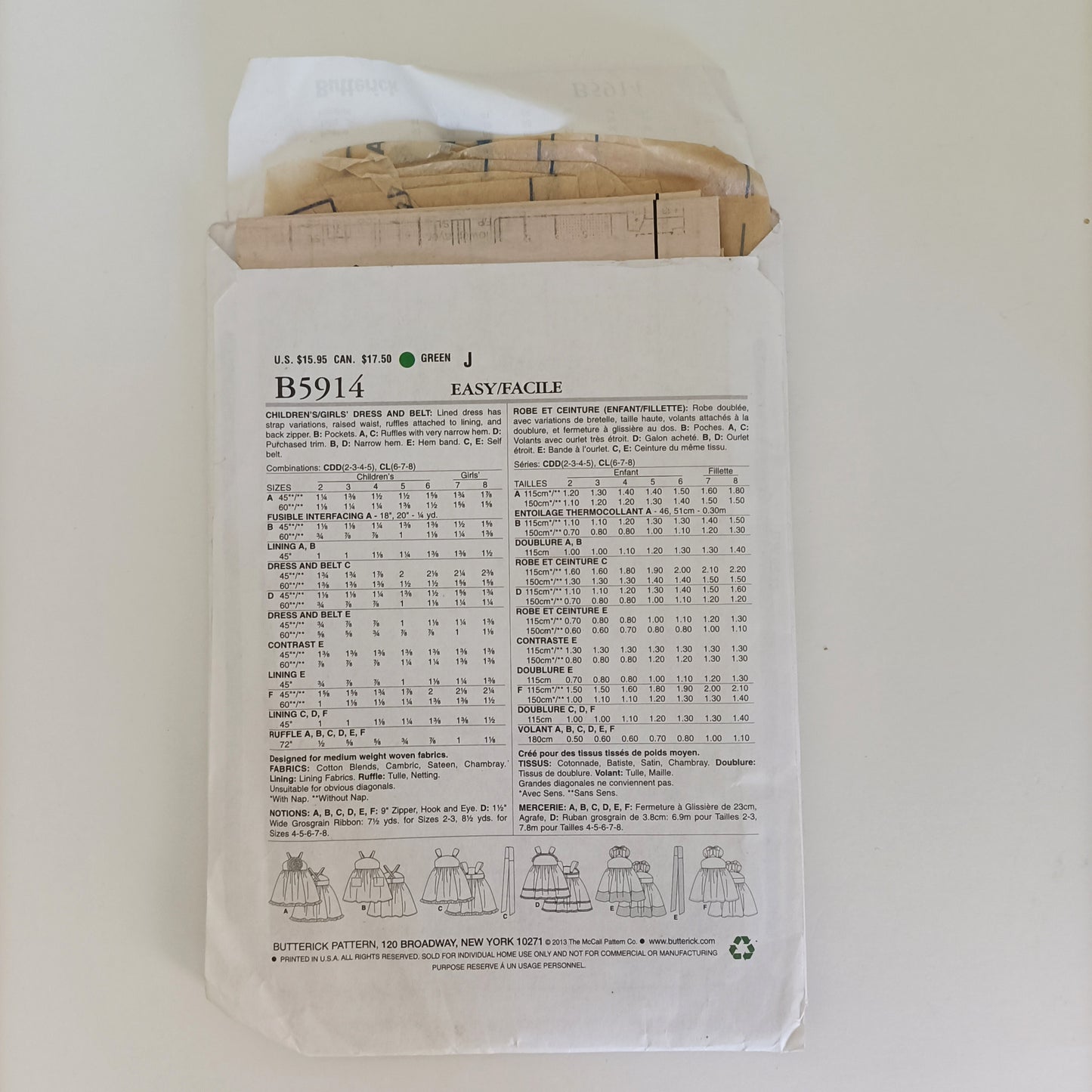 Butterick B5914, children's dress and belt pattern. Sizes 2 to 5