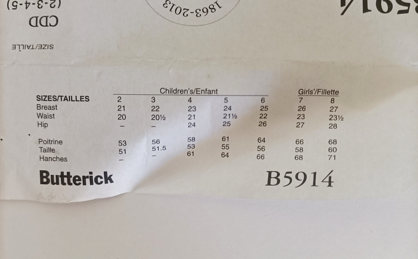Butterick B5914, children's dress and belt pattern. Sizes 2 to 5