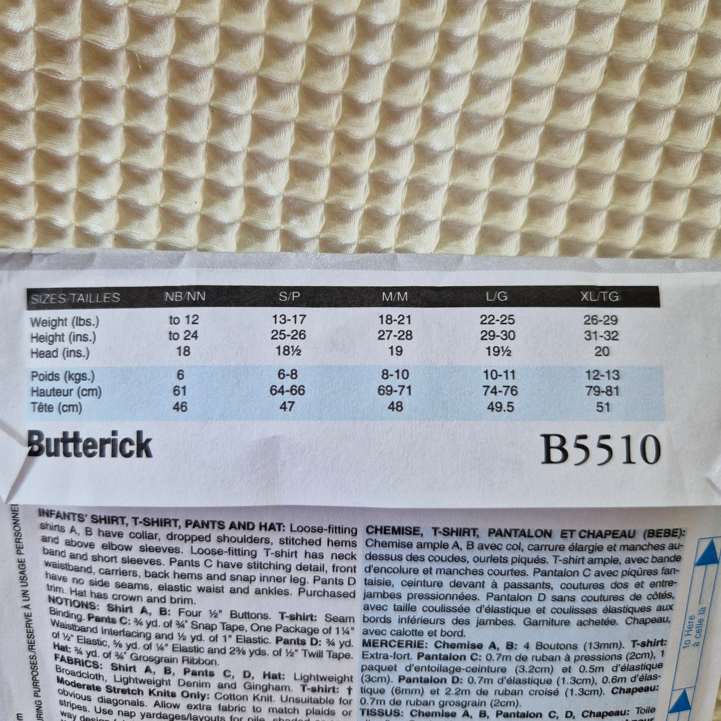 Butterick B5510, Infant shirt t-shirt pants and hat pattern, Sizes L - XL