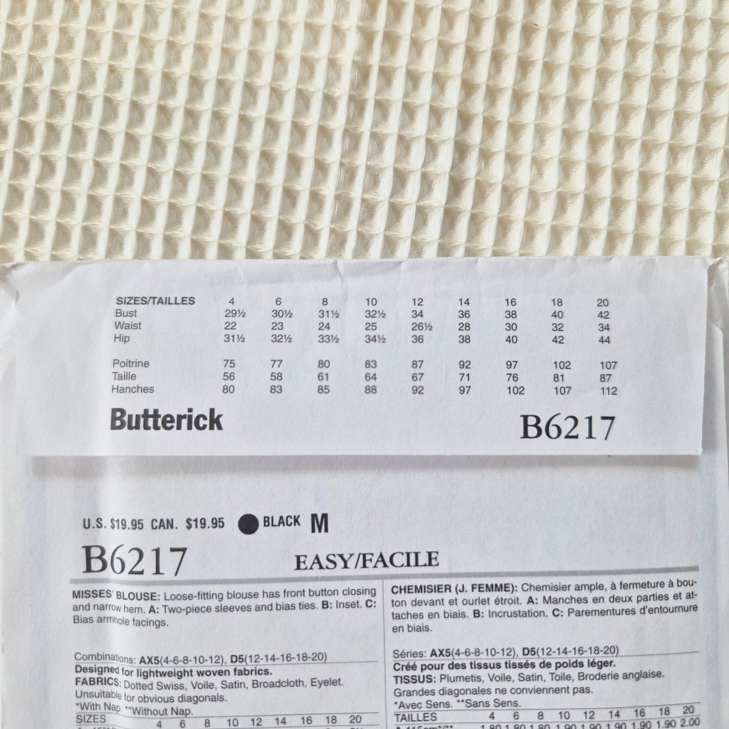 Butterick B6217 pattern sizes