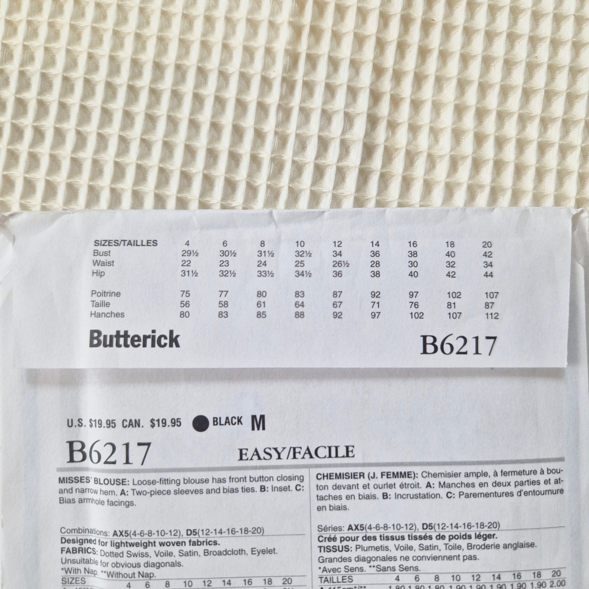 Butterick B6217 pattern sizes