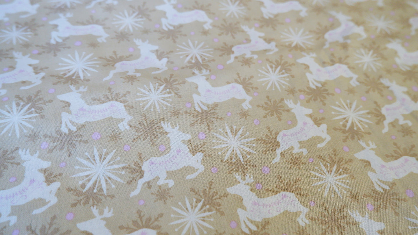 Cotton Fabric - Reindeer and Snowflakes on Beige