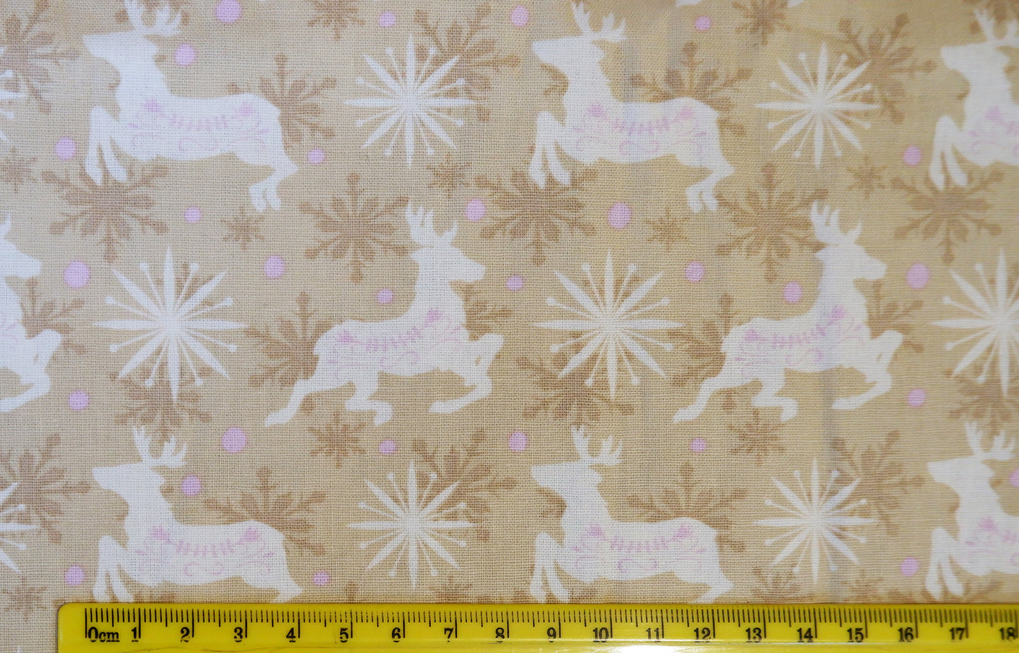 Cotton Fabric - Reindeer and Snowflakes on Beige