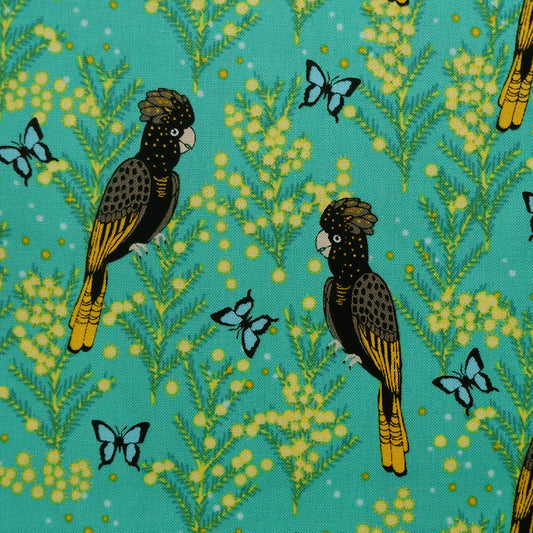 Cotton Fabric - Outback Beauty - Yellow Tailed Black Cockatoo on Green